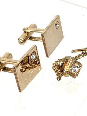 Formal Gold Toned Cufflinks Rhinestone Tie Tack Set Black Tie Shiny Polished
